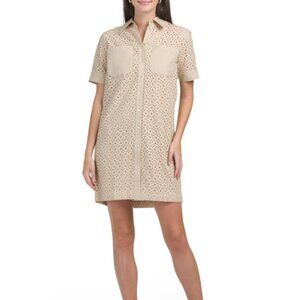 ELIE TAHARI Elbow Sleeve Collared Button Down Eyelet Shift Mini Dress